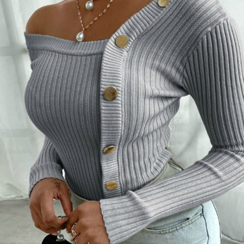 Women's One Shoulder Knit Sweater – Oversized Button Detail Sweater