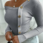 Women's One Shoulder Knit Sweater – Oversized Button Detail Sweater