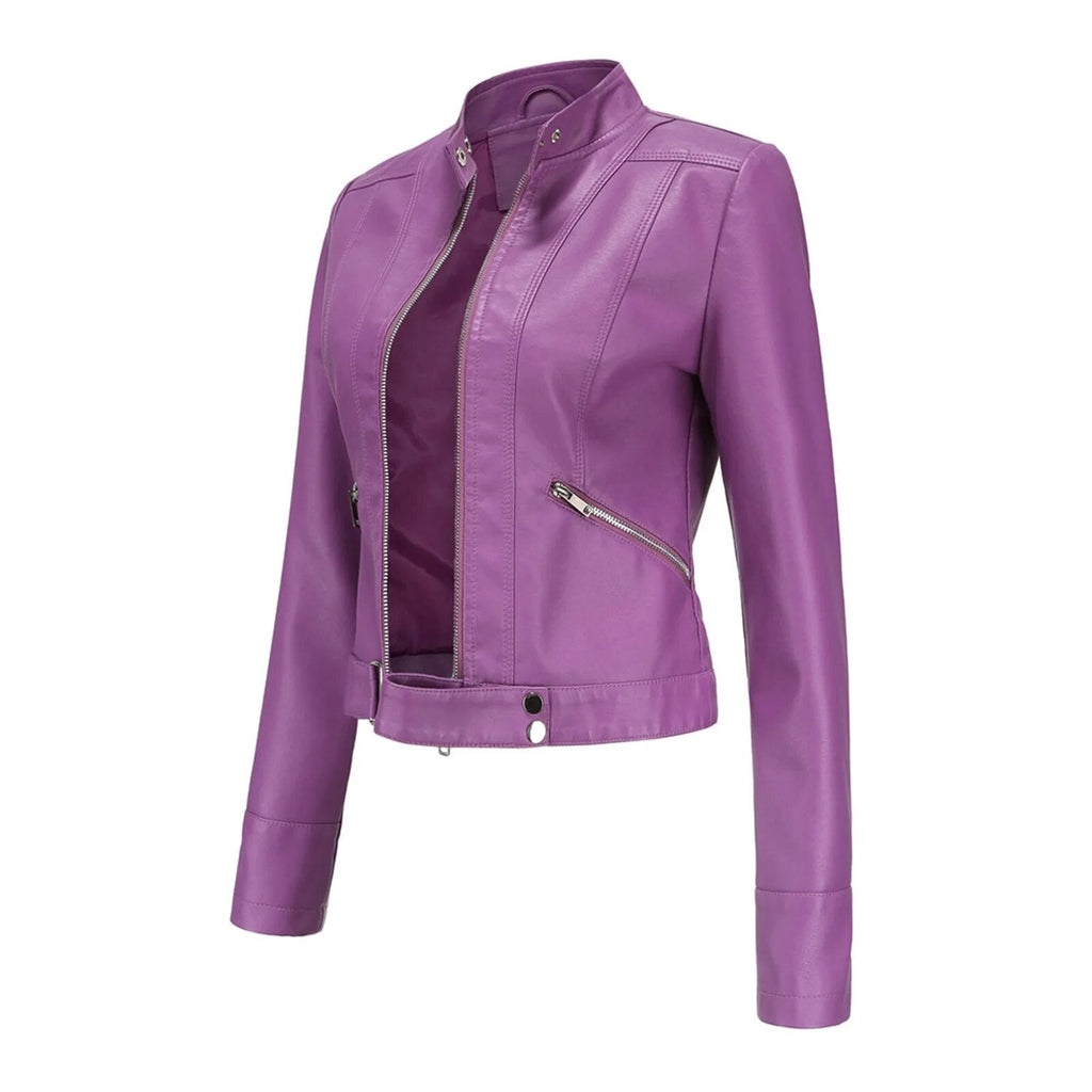 Women's Faux Leather Moto Jacket – Retro Zip-Up Biker Jacket