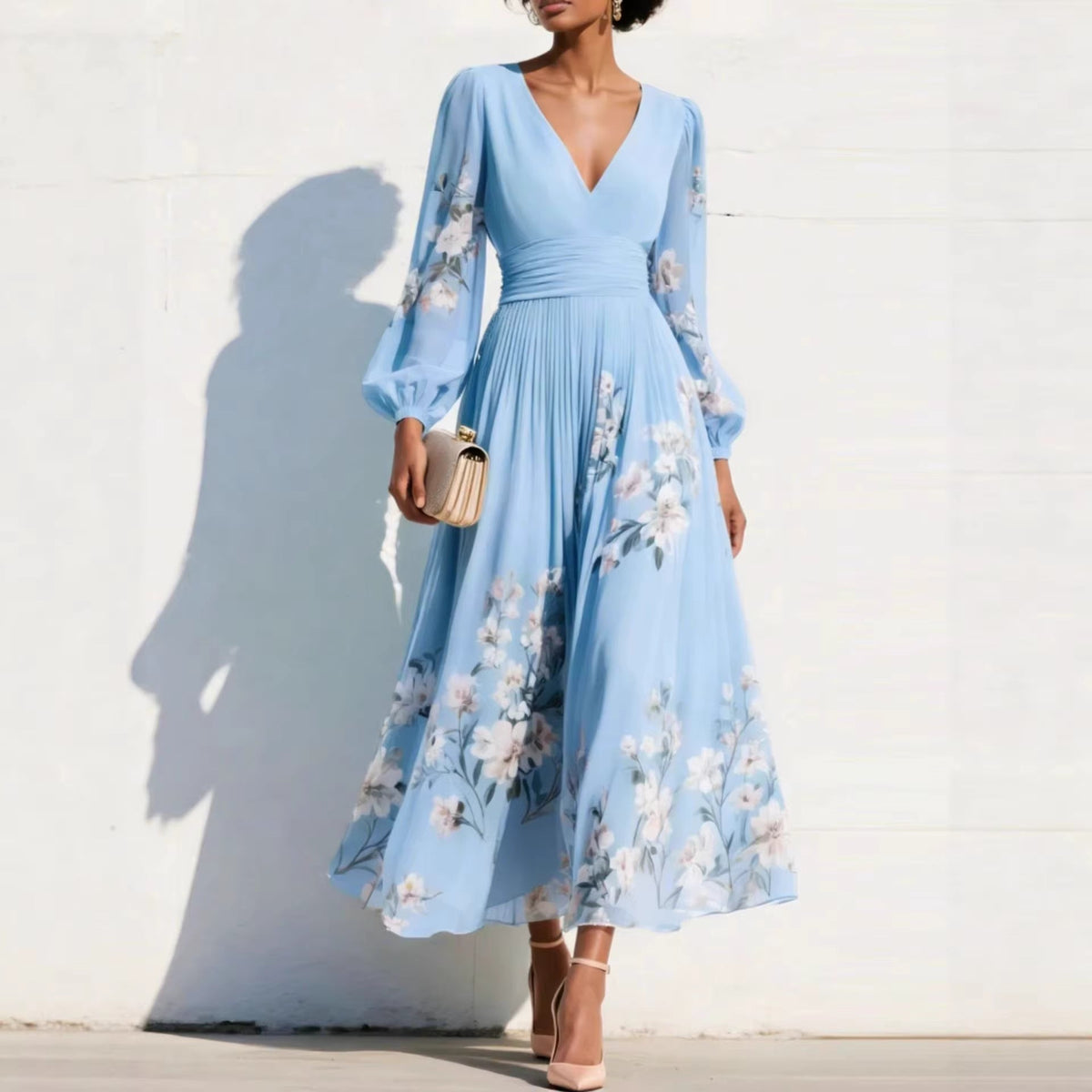 Women's Floral Pleated Wedding Guest Midi Dress – Flowy Evening Occasion Dress