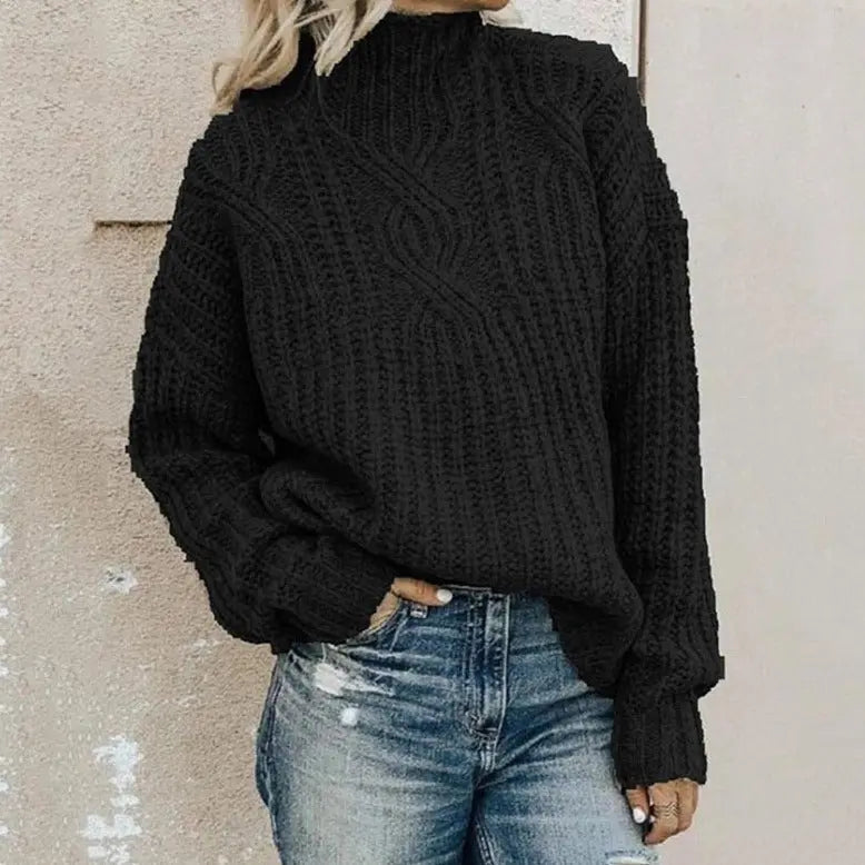 Women's High Neck Cable Sweater – Relaxed Knit Pullover