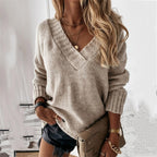 Women's Relaxed V-Neck Sweater – Oversized Long Sleeve Knit Sweater