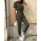 Women's Button Front Jumpsuit – Belted Fitted Evening Jumpsuit