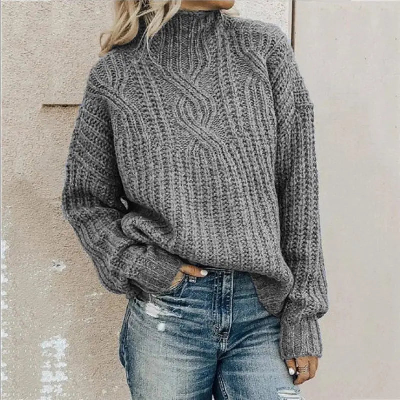 Women's High Neck Cable Sweater – Relaxed Knit Pullover