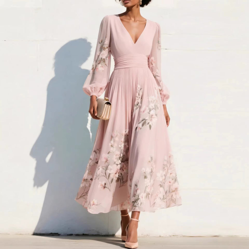 Women's Floral Pleated Wedding Guest Midi Dress – Flowy Evening Occasion Dress