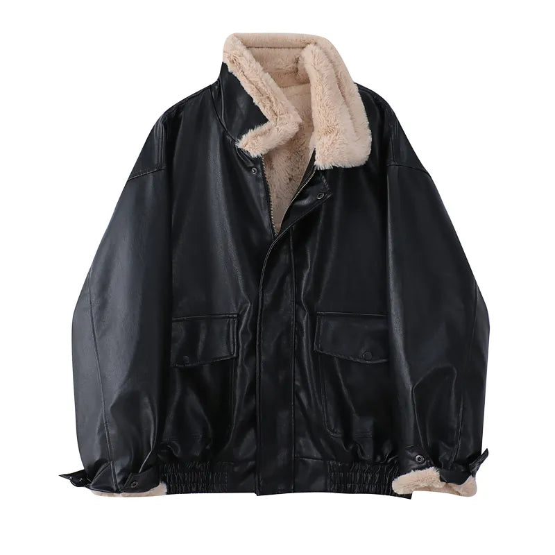 Women's Fleece Lined Faux Leather Jacket – Oversized Winter Jacket