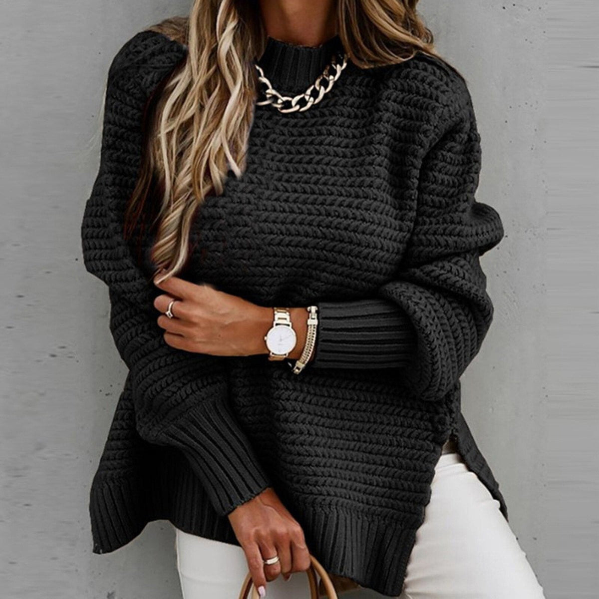Women's Side Split Sweater – Longline High Neck Winter Sweater