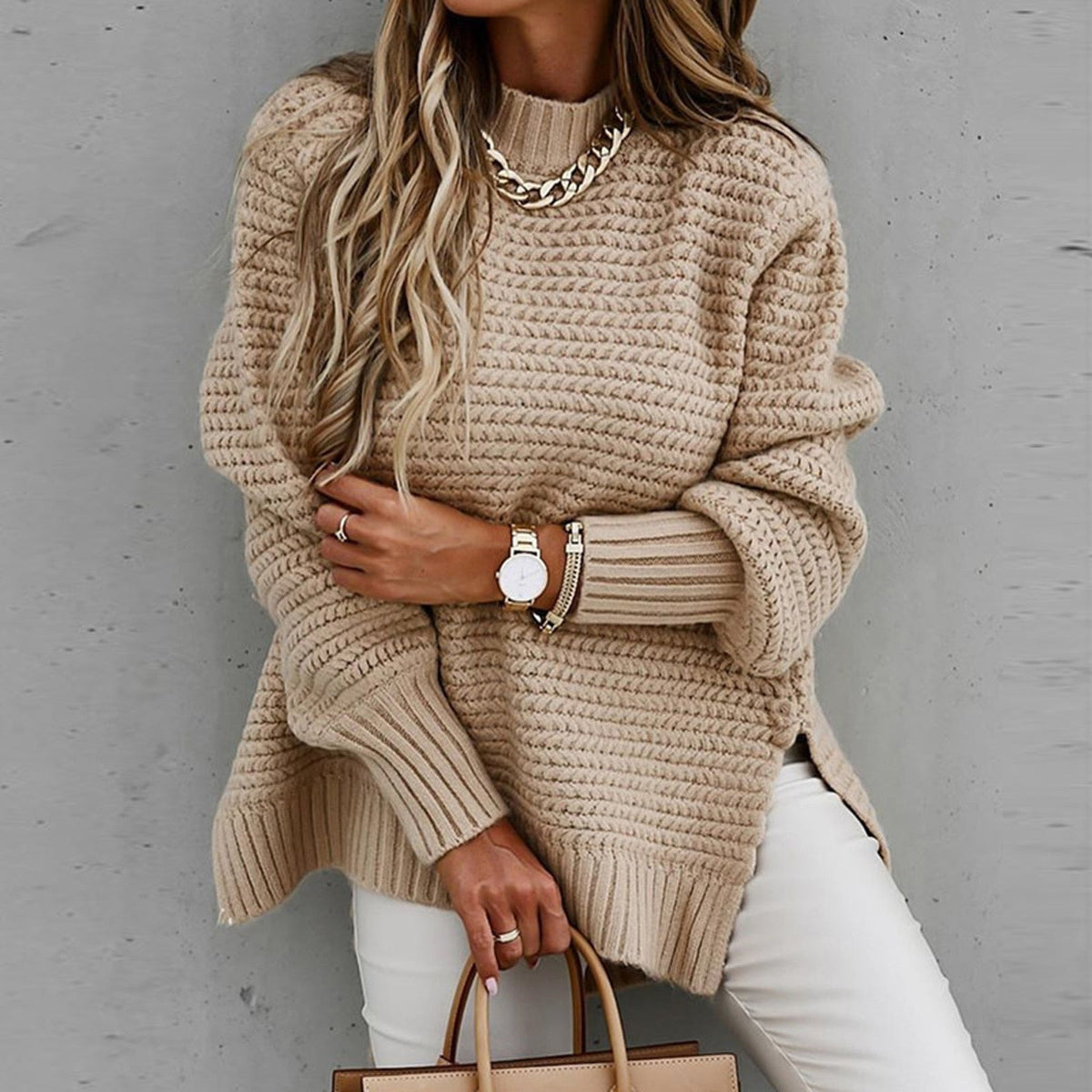 Women's Side Split Sweater – Longline High Neck Winter Sweater
