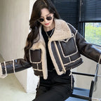 Women's Faux Leather Moto Coat – Plush Collar Winter Jacket