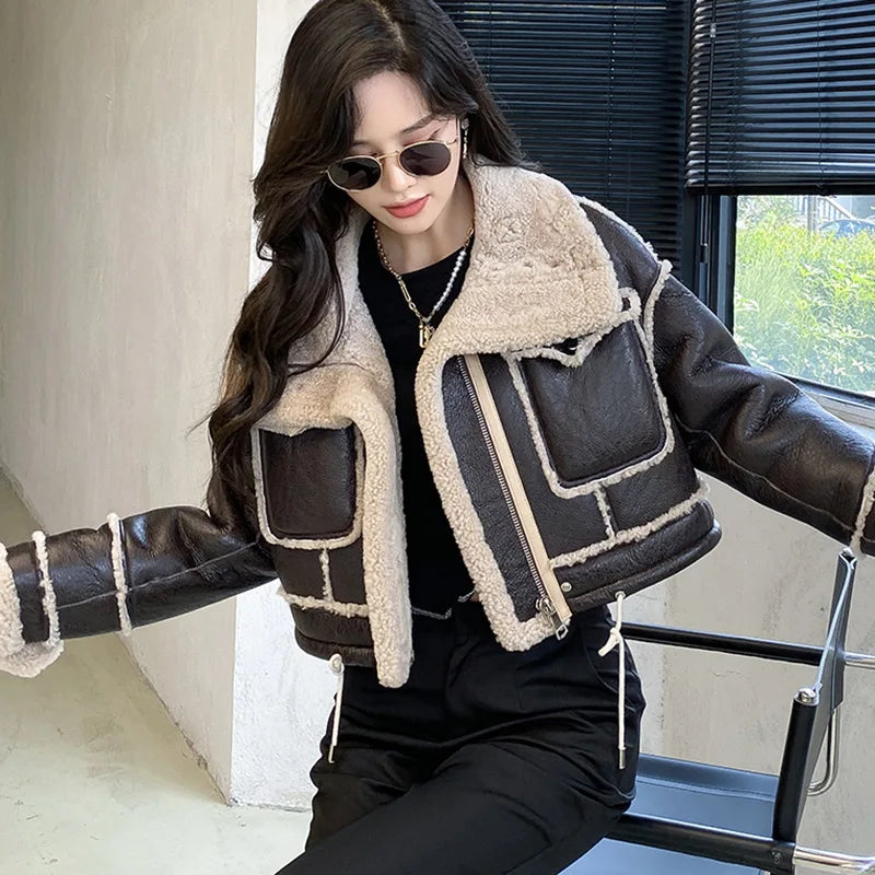 Women's Faux Leather Moto Coat – Plush Collar Winter Jacket