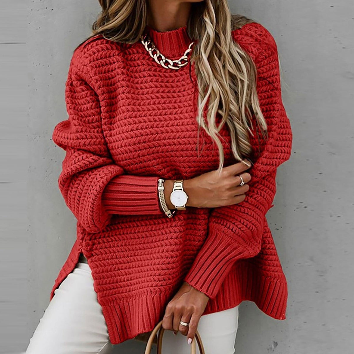 Women's Side Split Sweater – Longline High Neck Winter Sweater