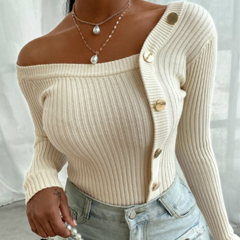 Women's One Shoulder Knit Sweater – Oversized Button Detail Sweater