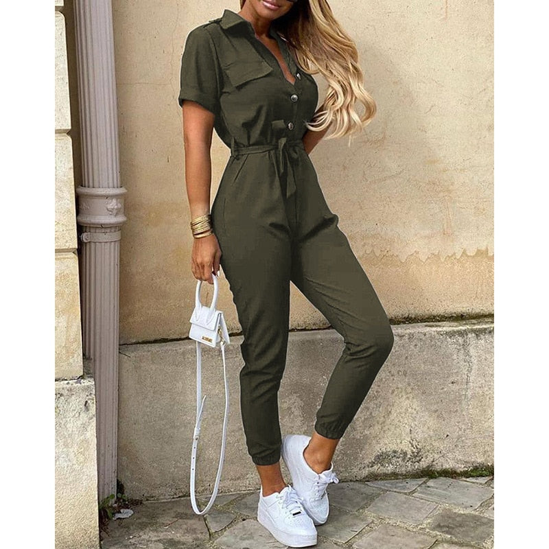 Women's Button Front Jumpsuit – Belted Fitted Evening Jumpsuit