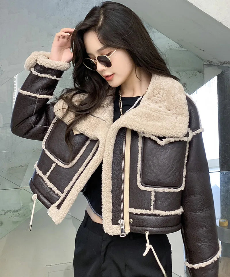 Women's Faux Leather Moto Coat – Plush Collar Winter Jacket