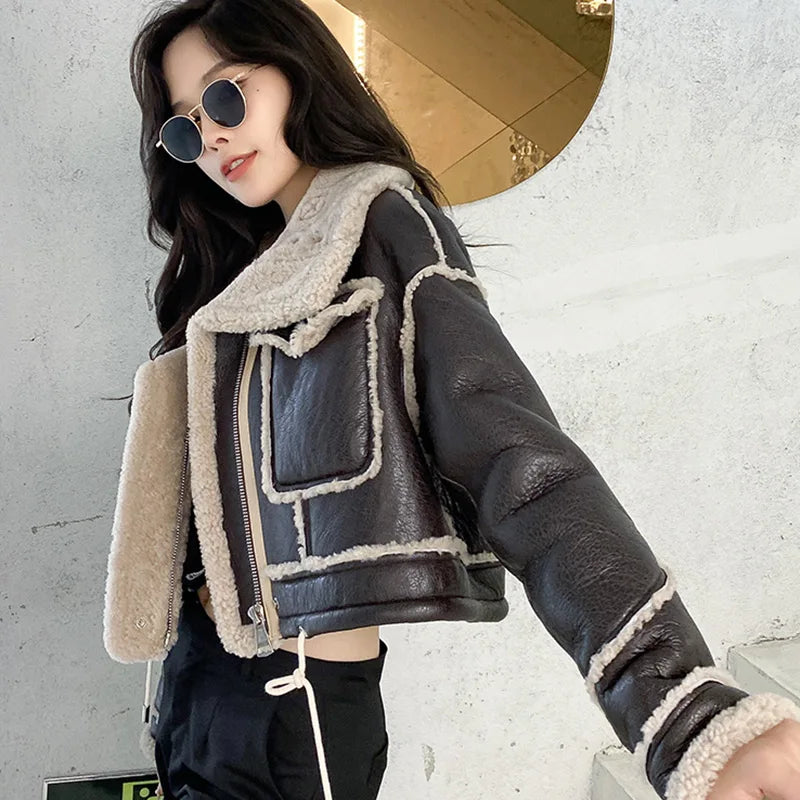 Women's Faux Leather Moto Coat – Plush Collar Winter Jacket