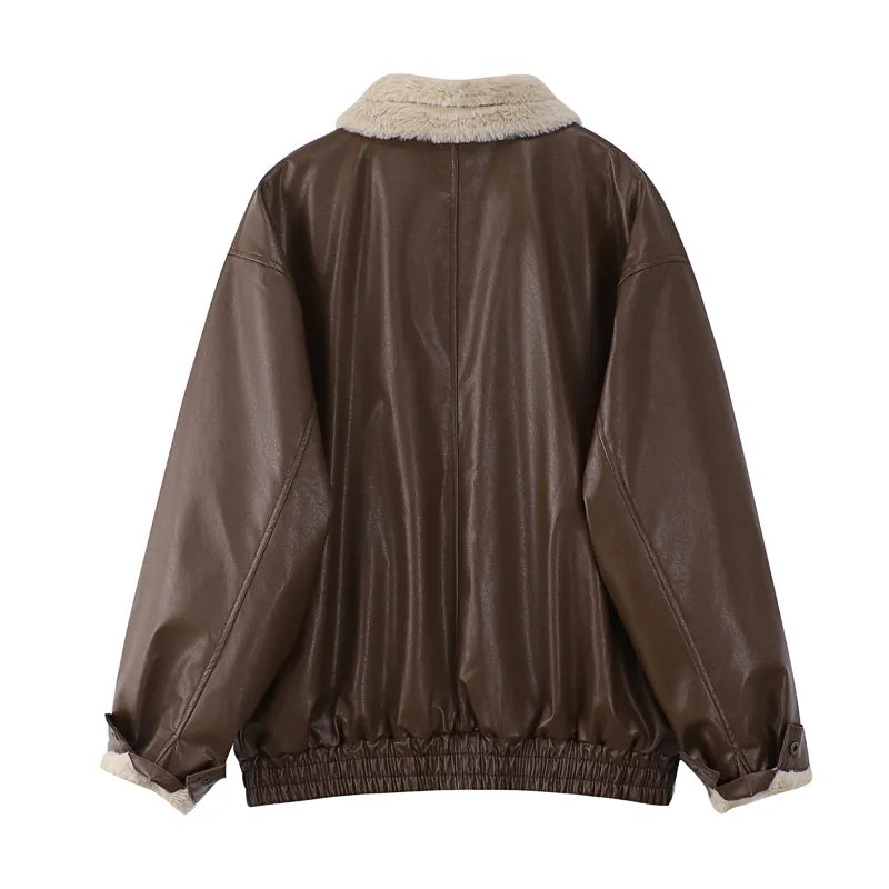 Women's Fleece Lined Faux Leather Jacket – Oversized Winter Jacket