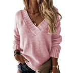 Women's Relaxed V-Neck Sweater – Oversized Long Sleeve Knit Sweater