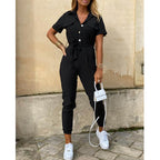 Women's Button Front Jumpsuit – Belted Fitted Evening Jumpsuit