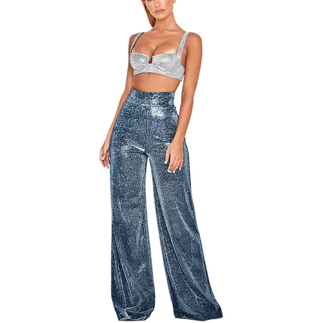 Women's Sparkly High Waist Wide Leg Pants – Glitter Evening Party Trousers