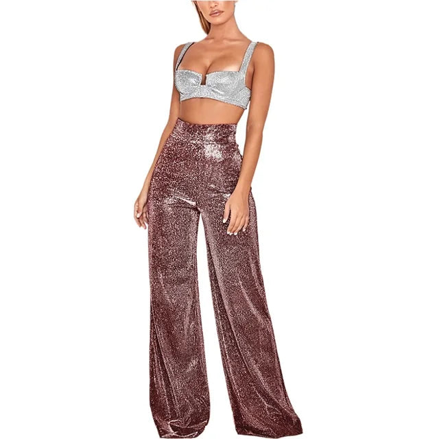 Women's Sparkly High Waist Wide Leg Pants – Glitter Evening Party Trousers