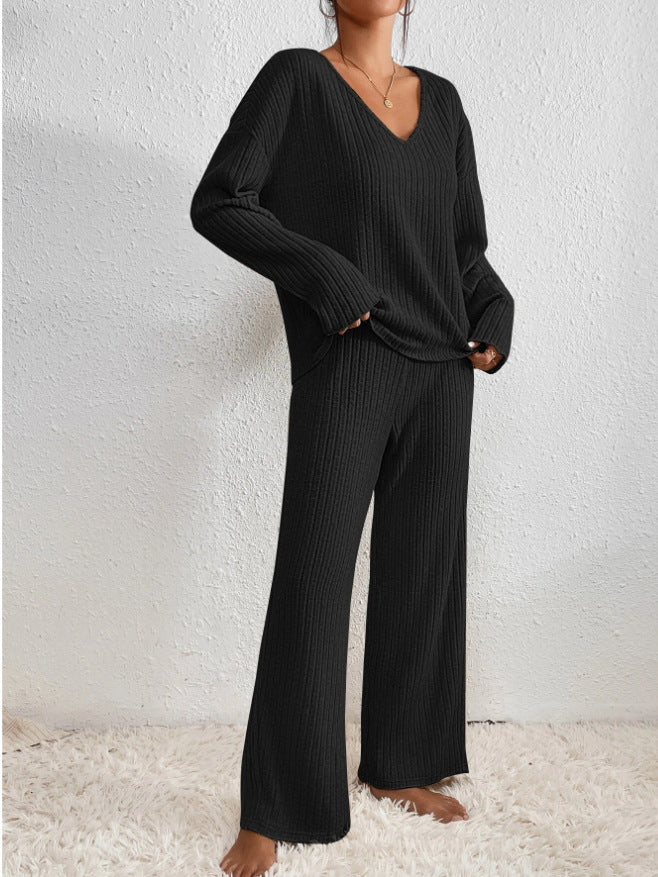 Women's Ribbed Knit Lounge Set – V-Neck Wide Leg Co-Ord Set
