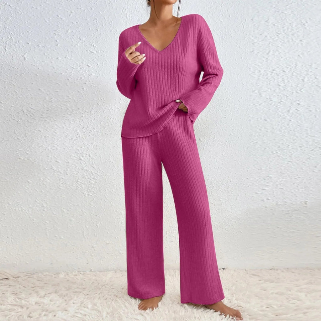 Women's Ribbed Knit Lounge Set – V-Neck Wide Leg Co-Ord Set