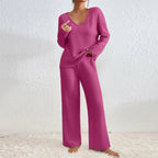 Women's Ribbed Knit Lounge Set – V-Neck Wide Leg Co-Ord Set