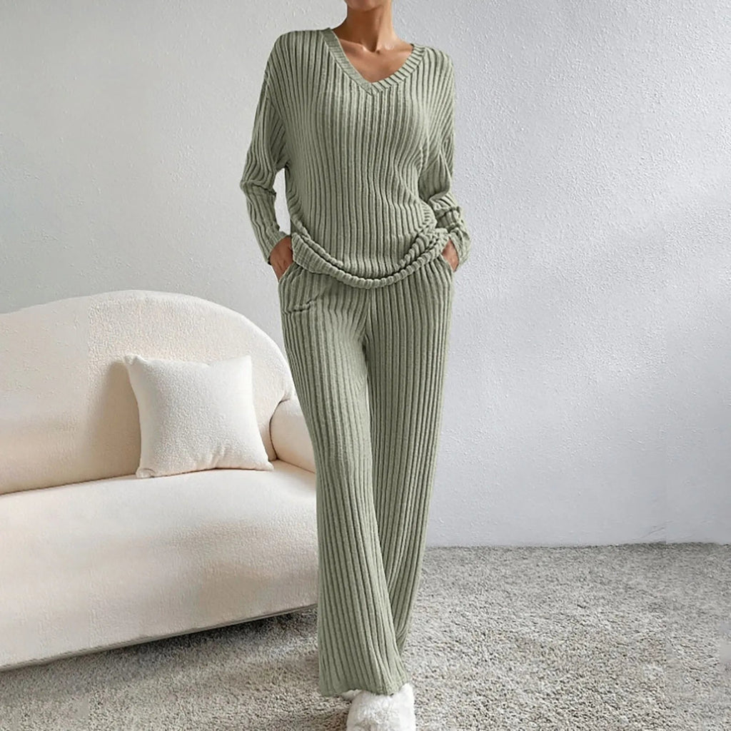 Women's Ribbed Knit Lounge Set – V-Neck Wide Leg Co-Ord Set