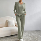 Women's Ribbed Knit Lounge Set – V-Neck Wide Leg Co-Ord Set