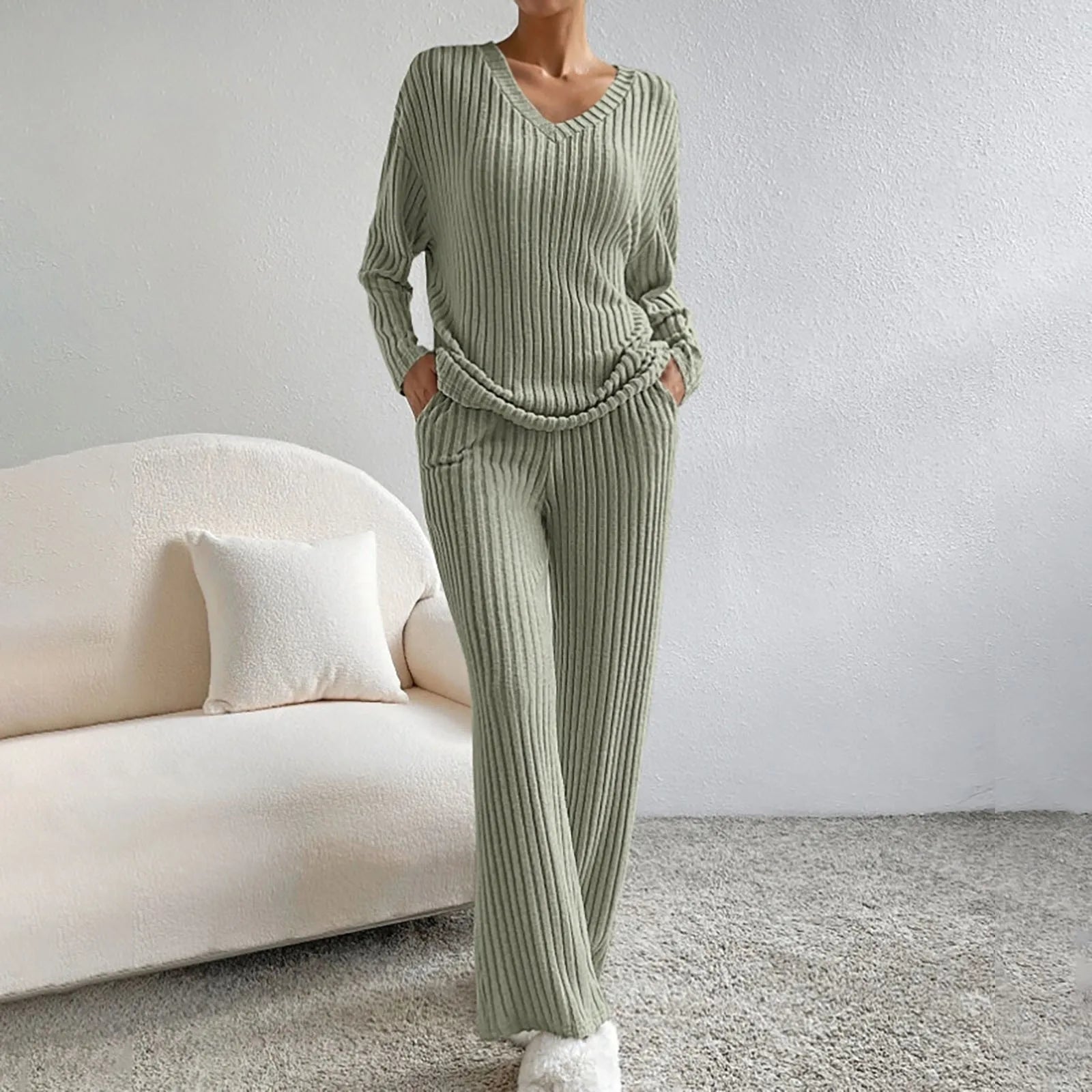Women's Ribbed Knit Lounge Set – V-Neck Wide Leg Co-Ord Set