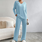 Women's Ribbed Knit Lounge Set – V-Neck Wide Leg Co-Ord Set