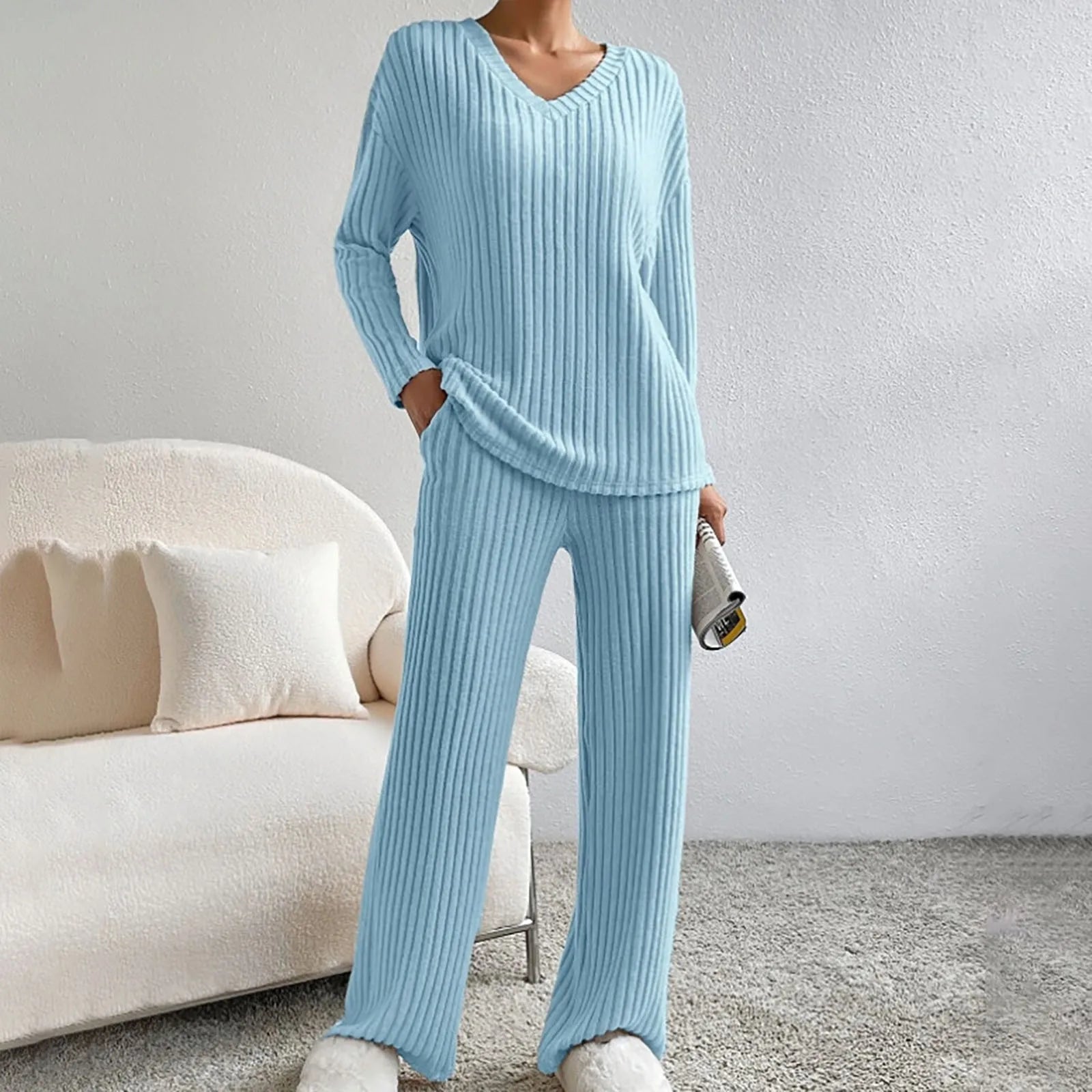 Women's Ribbed Knit Lounge Set – V-Neck Wide Leg Co-Ord Set