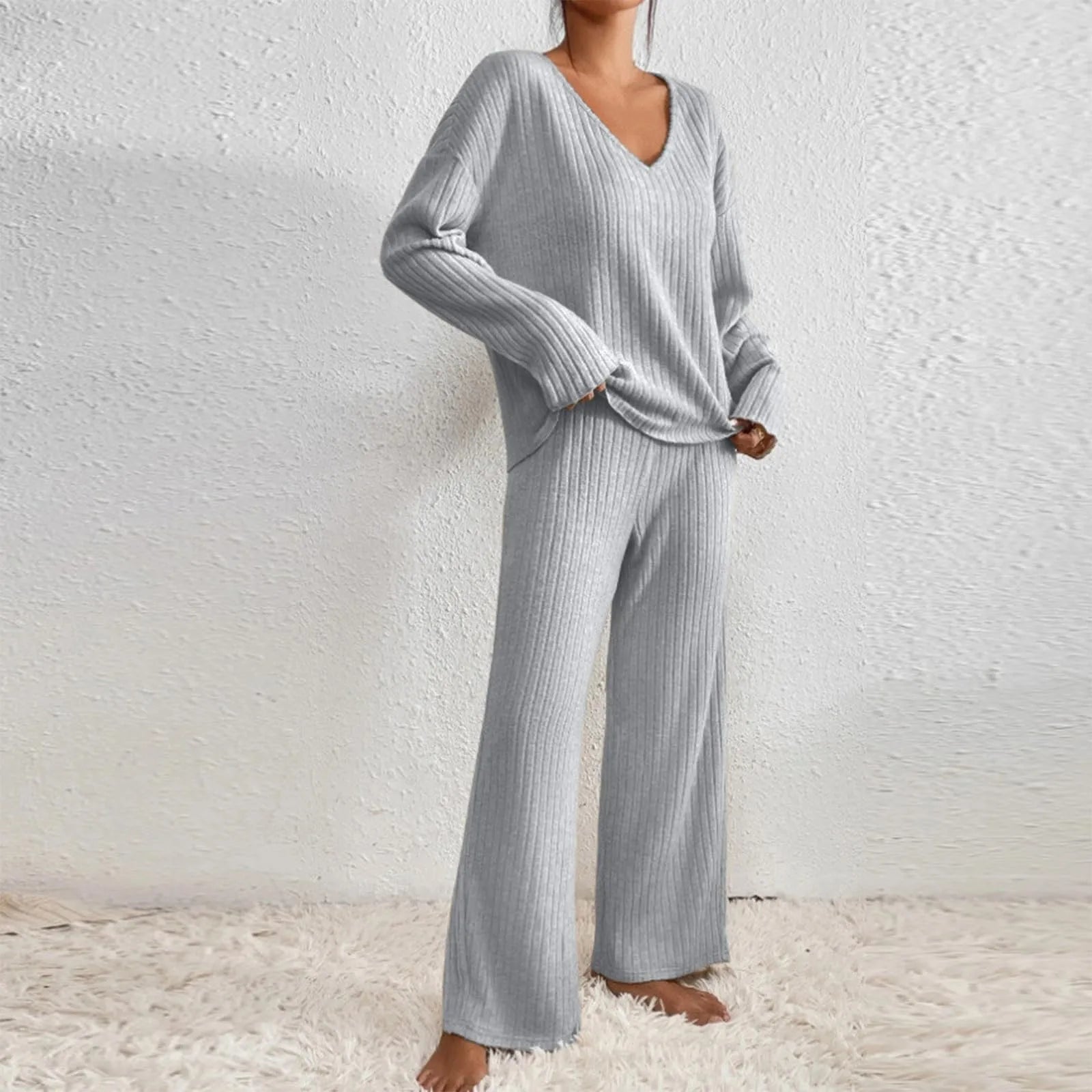 Women's Ribbed Knit Lounge Set – V-Neck Wide Leg Co-Ord Set