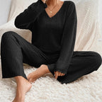 Women's Ribbed Knit Lounge Set – V-Neck Wide Leg Co-Ord Set