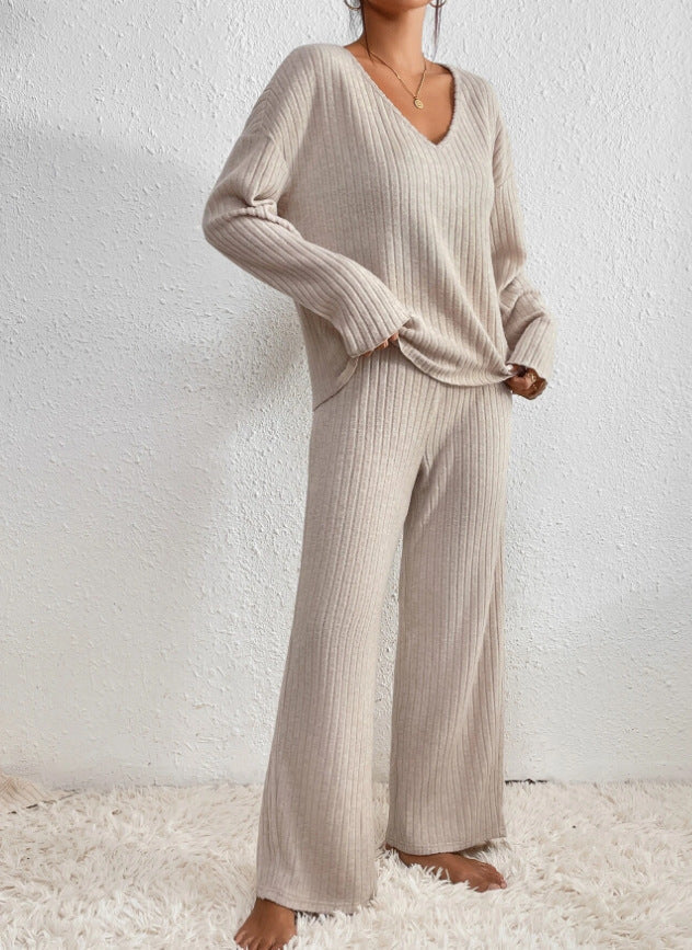 Women's Ribbed Knit Lounge Set – V-Neck Wide Leg Co-Ord Set