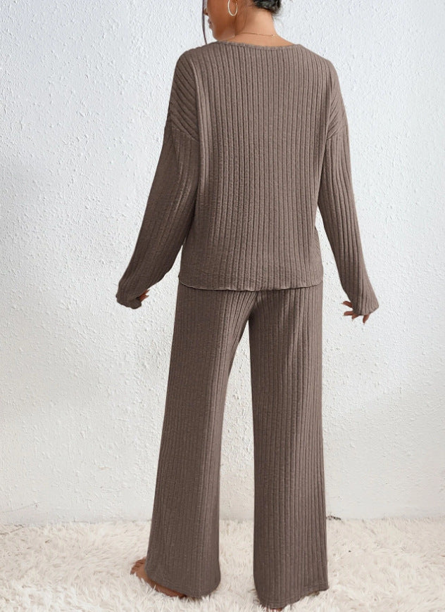Women's Ribbed Knit Lounge Set – V-Neck Wide Leg Co-Ord Set