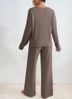 Women's Ribbed Knit Lounge Set – V-Neck Wide Leg Co-Ord Set