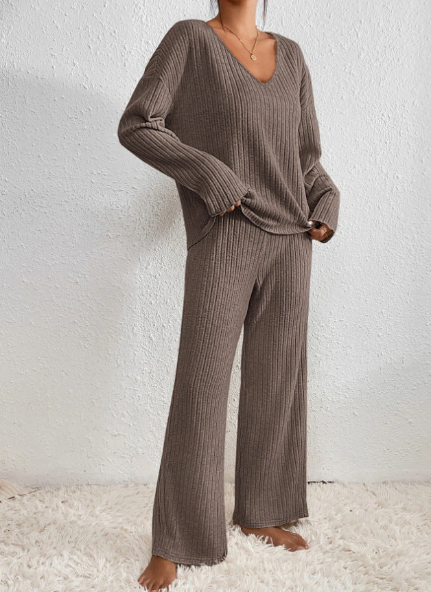Women's Ribbed Knit Lounge Set – V-Neck Wide Leg Co-Ord Set