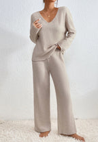 Women's Ribbed Knit Lounge Set – V-Neck Wide Leg Co-Ord Set