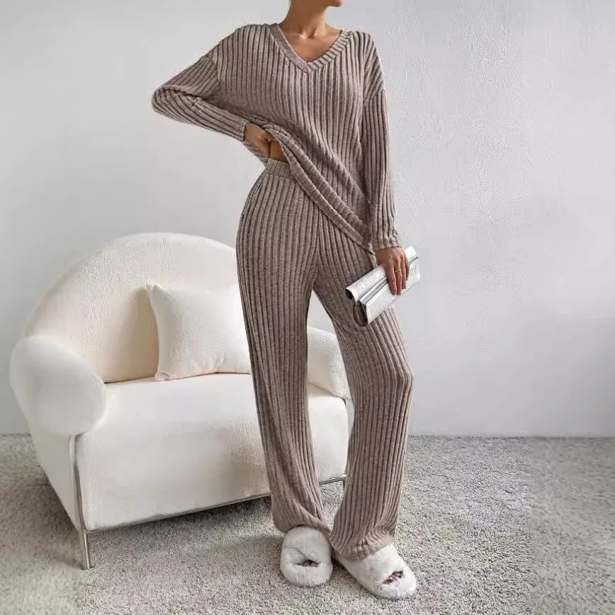 Women's Ribbed Knit Lounge Set – V-Neck Wide Leg Co-Ord Set