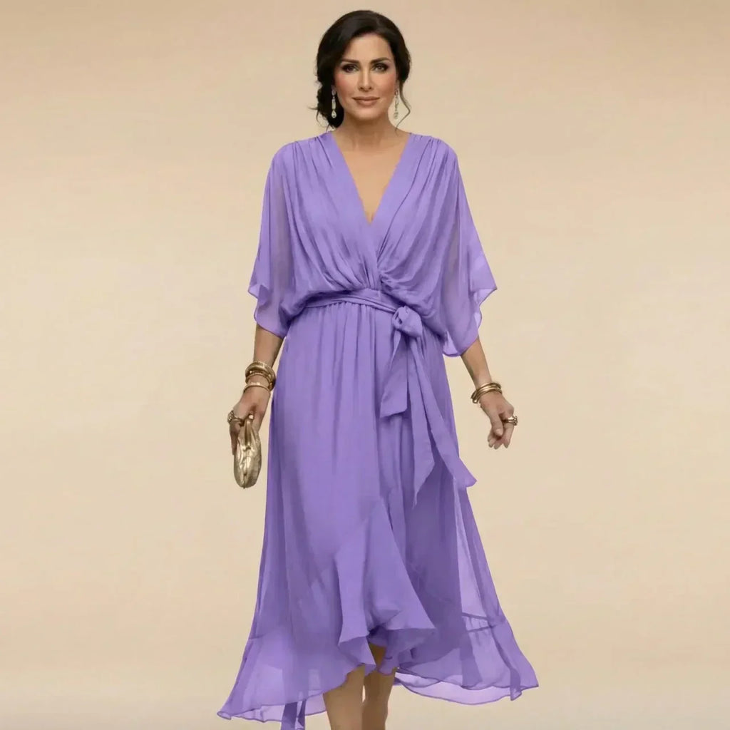 Women's V-Neck Summer Dress – Three-Quarter Sleeve Flowy Dress