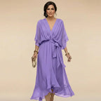 Women's V-Neck Summer Dress – Three-Quarter Sleeve Flowy Dress
