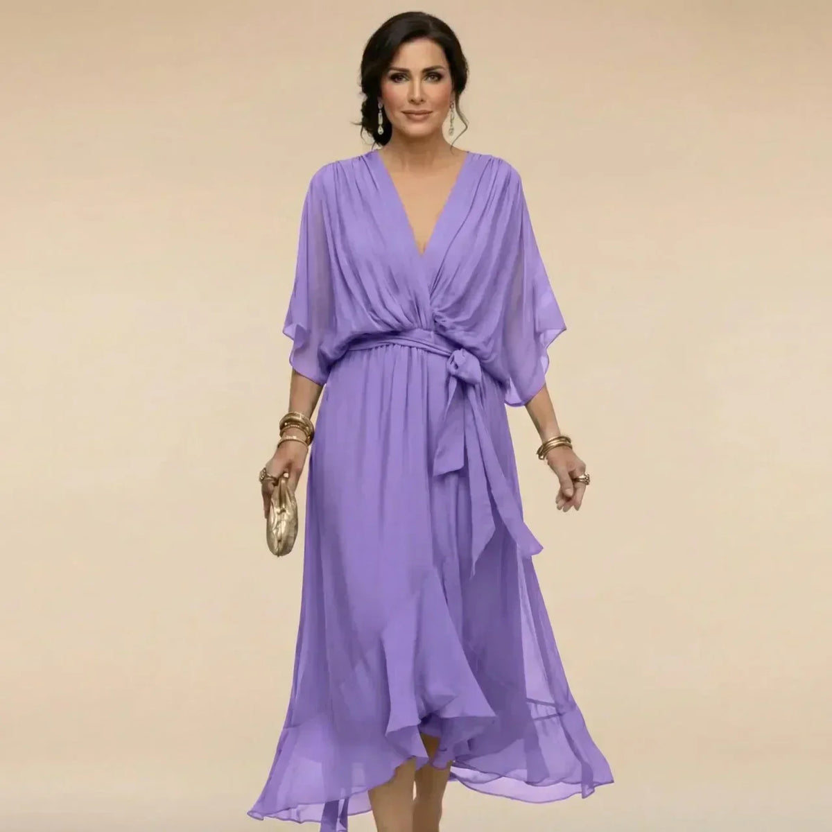 Women's V-Neck Summer Dress – Three-Quarter Sleeve Flowy Dress