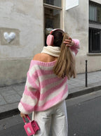 Women's Striped Knit Sweater – Wide Sleeve Oversized Pullover