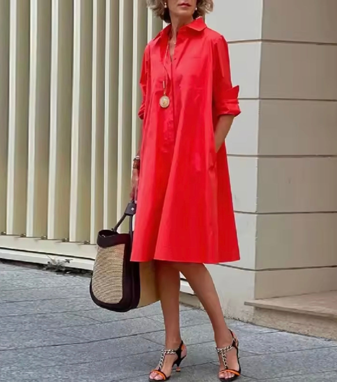 Women's Collared Midi Dress – Button Front Flared Day Dress