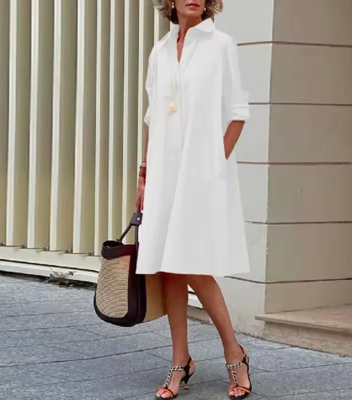 Women's Collared Midi Dress – Button Front Flared Day Dress