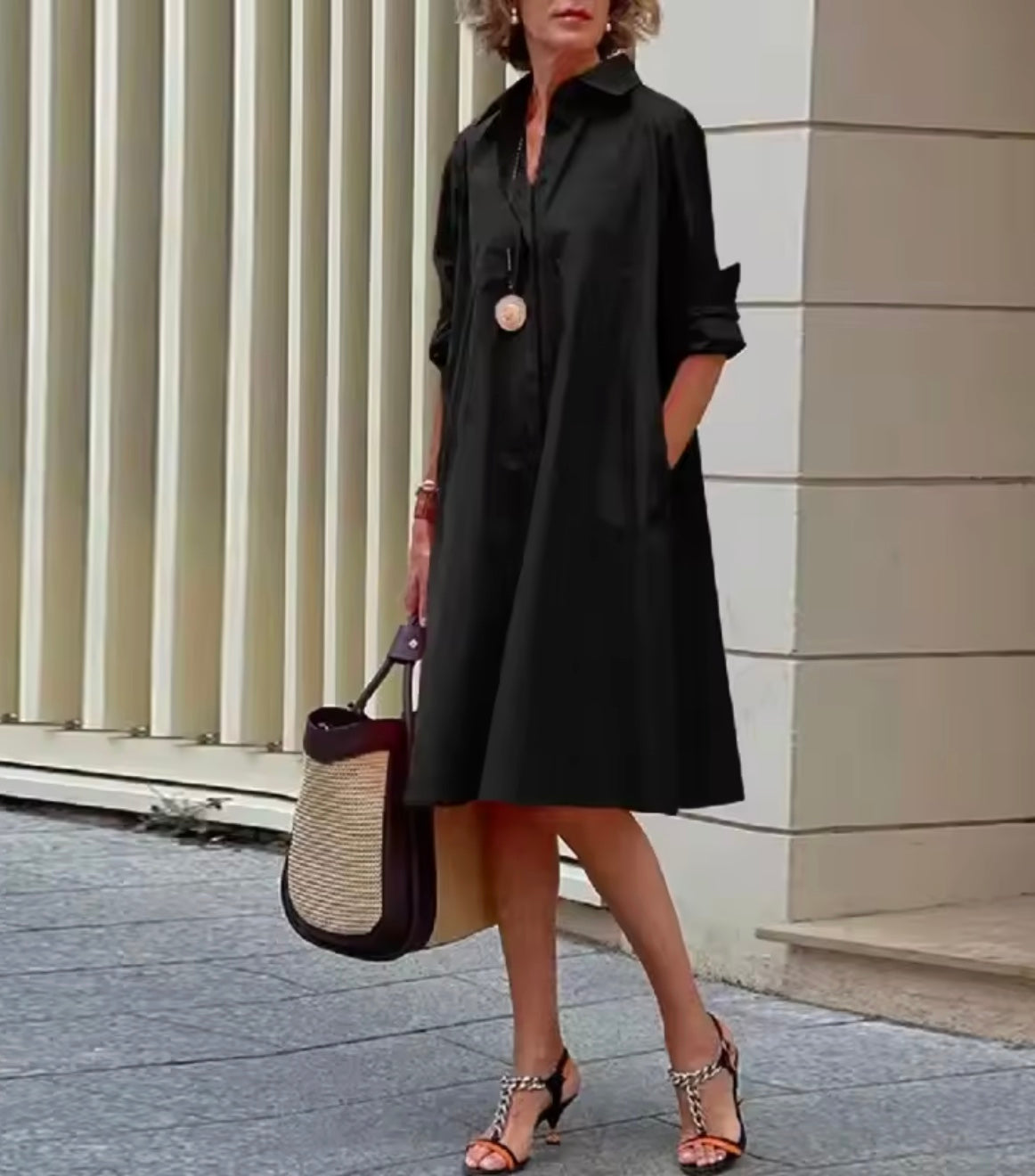 Women's Collared Midi Dress – Button Front Flared Day Dress