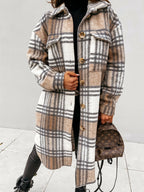 Women's Plaid Winter Coat – Relaxed Long Button Front Overcoat