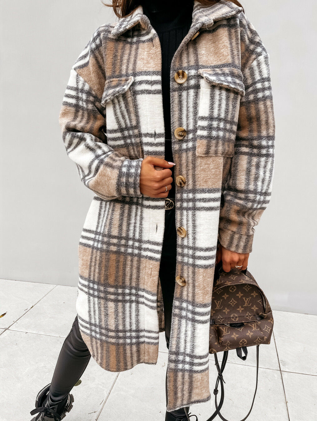 Women's Plaid Winter Coat – Relaxed Long Button Front Overcoat