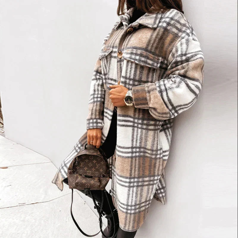 Women's Plaid Winter Coat – Relaxed Long Button Front Overcoat